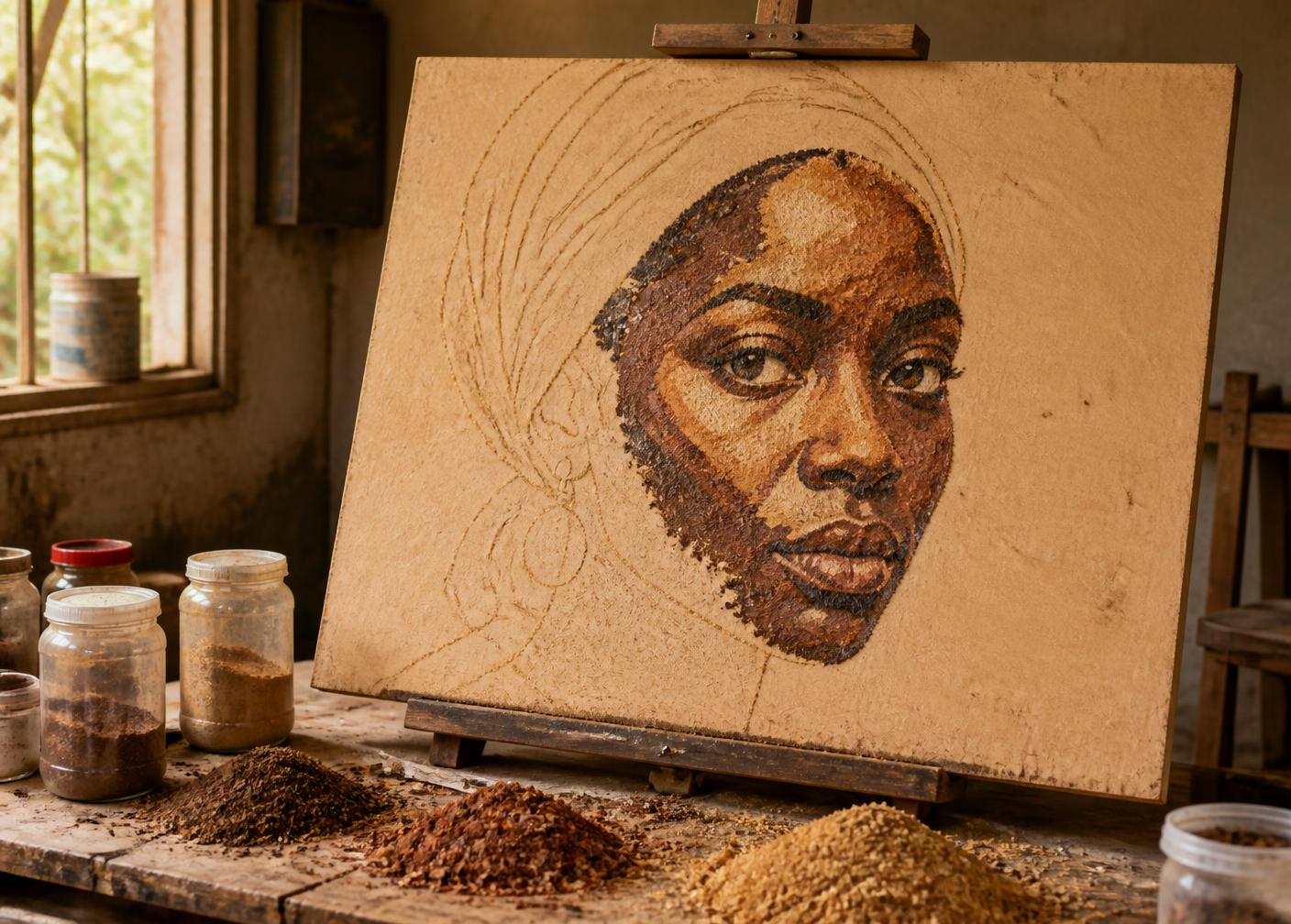 An unfinished sawdust portrait on an easel surrounded by piles of coloured sawdust