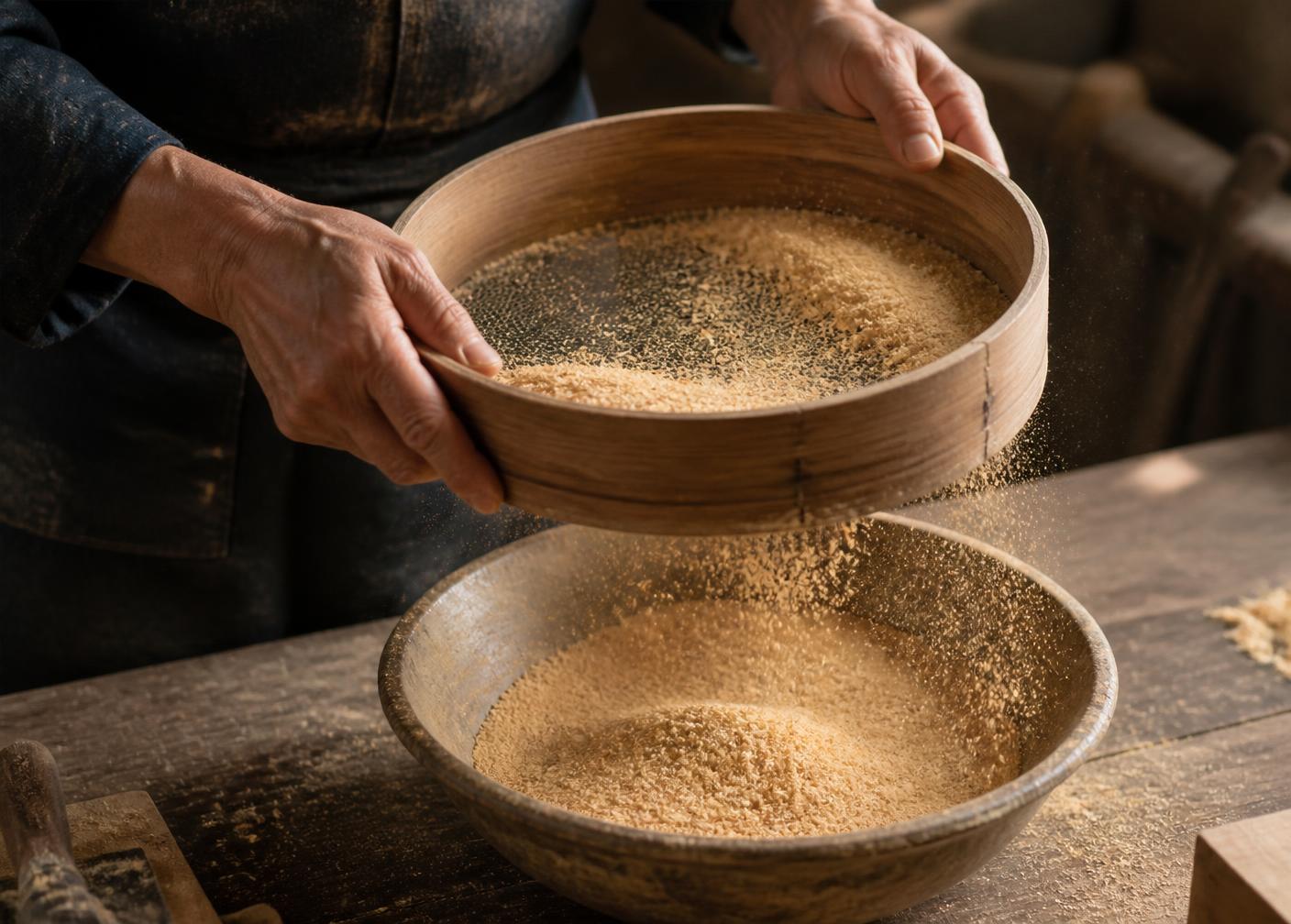 Sawdust being sifted through a mesh sieve into a wooden bowl in the studio